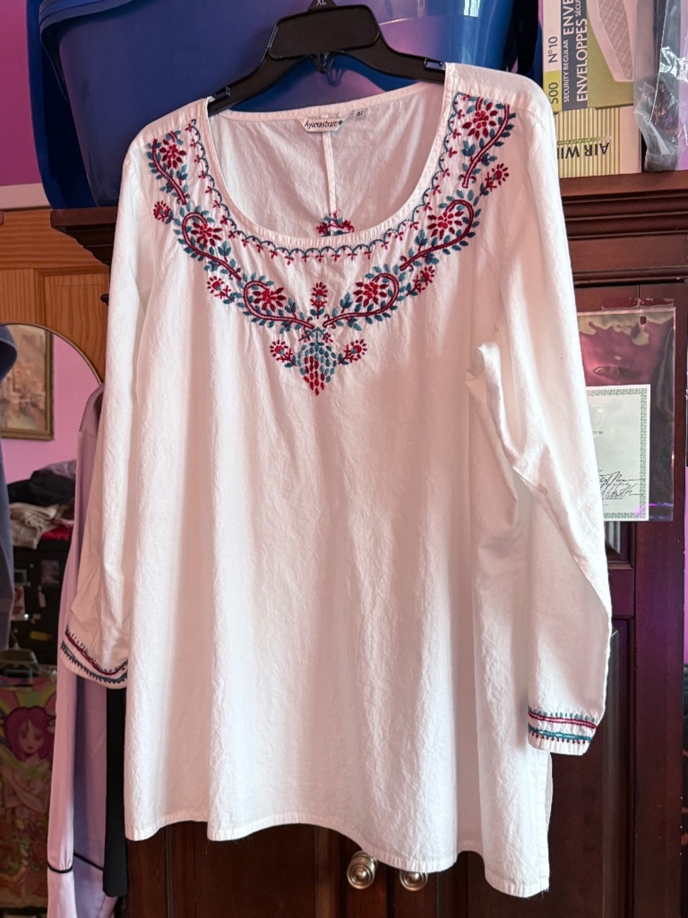 Ayurvastram Size 47 Indian White Cotton Embroidered Kurta Tunic Top 2XL